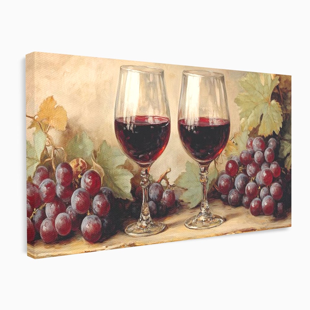 Tablou Canvas Premium, LuxCanva® N1031, Ecouri din Vie, Vin Rosu, Struguri, Bautura, Fructe, Pahare, Frunze, Vie, Savoare, Degustare, Rustic, Pub, Bar, Restaurant, Bucatarie