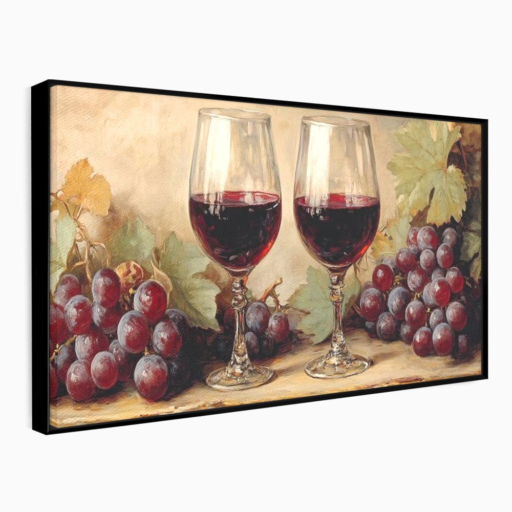 Tablou Canvas Premium, LuxCanva® N1031, Ecouri din Vie, Vin Rosu, Struguri, Bautura, Fructe, Pahare, Frunze, Vie, Savoare, Degustare, Rustic, Pub, Bar, Restaurant, Bucatarie
