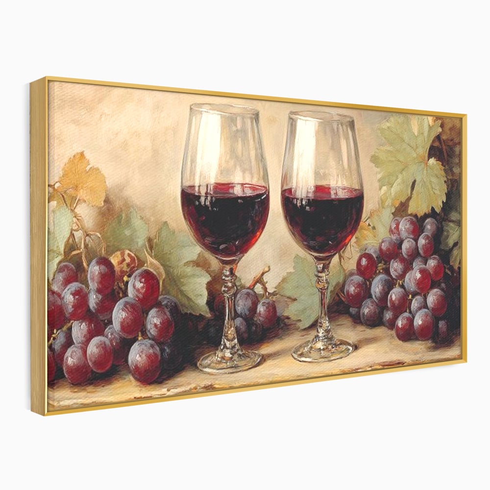 Tablou Canvas Premium, LuxCanva® N1031, Ecouri din Vie, Vin Rosu, Struguri, Bautura, Fructe, Pahare, Frunze, Vie, Savoare, Degustare, Rustic, Pub, Bar, Restaurant, Bucatarie