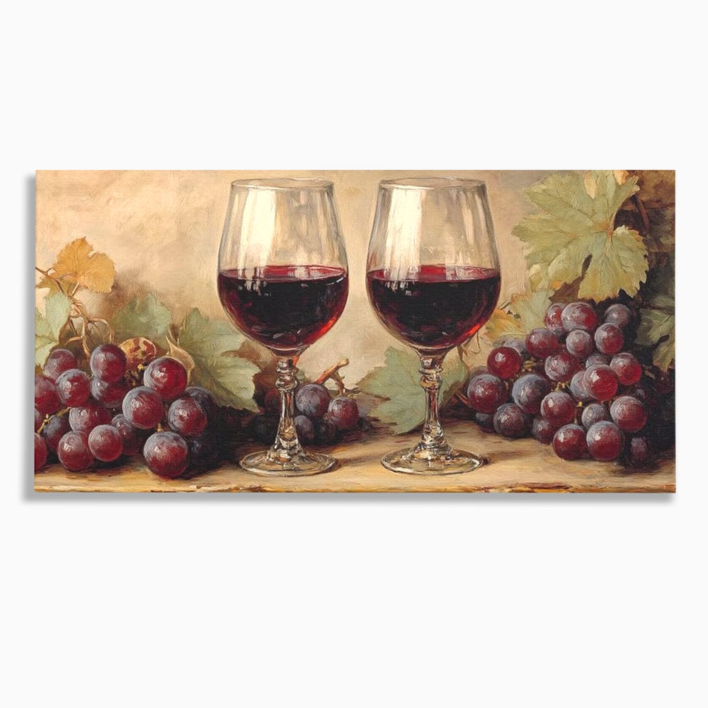 Tablou Canvas Premium, LuxCanva® N1031, Ecouri din Vie, Vin Rosu, Struguri, Bautura, Fructe, Pahare, Frunze, Vie, Savoare, Degustare, Rustic, Pub, Bar, Restaurant, Bucatarie