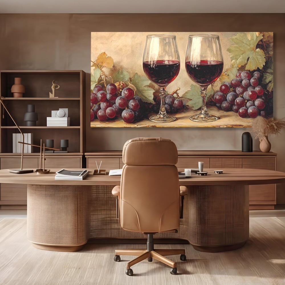 Tablou Canvas Premium, LuxCanva® N1031, Ecouri din Vie, Vin Rosu, Struguri, Bautura, Fructe, Pahare, Frunze, Vie, Savoare, Degustare, Rustic, Pub, Bar, Restaurant, Bucatarie