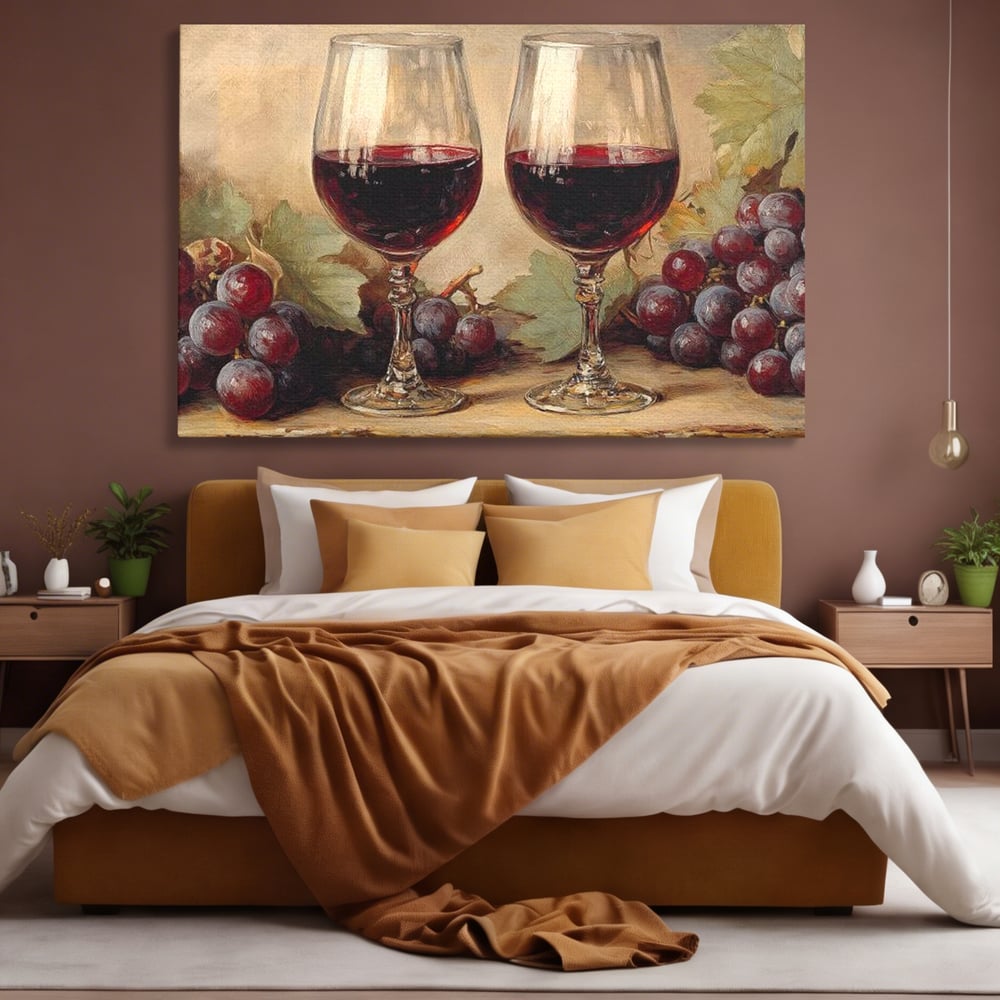 Tablou Canvas Premium, LuxCanva® N1031, Ecouri din Vie, Vin Rosu, Struguri, Bautura, Fructe, Pahare, Frunze, Vie, Savoare, Degustare, Rustic, Pub, Bar, Restaurant, Bucatarie