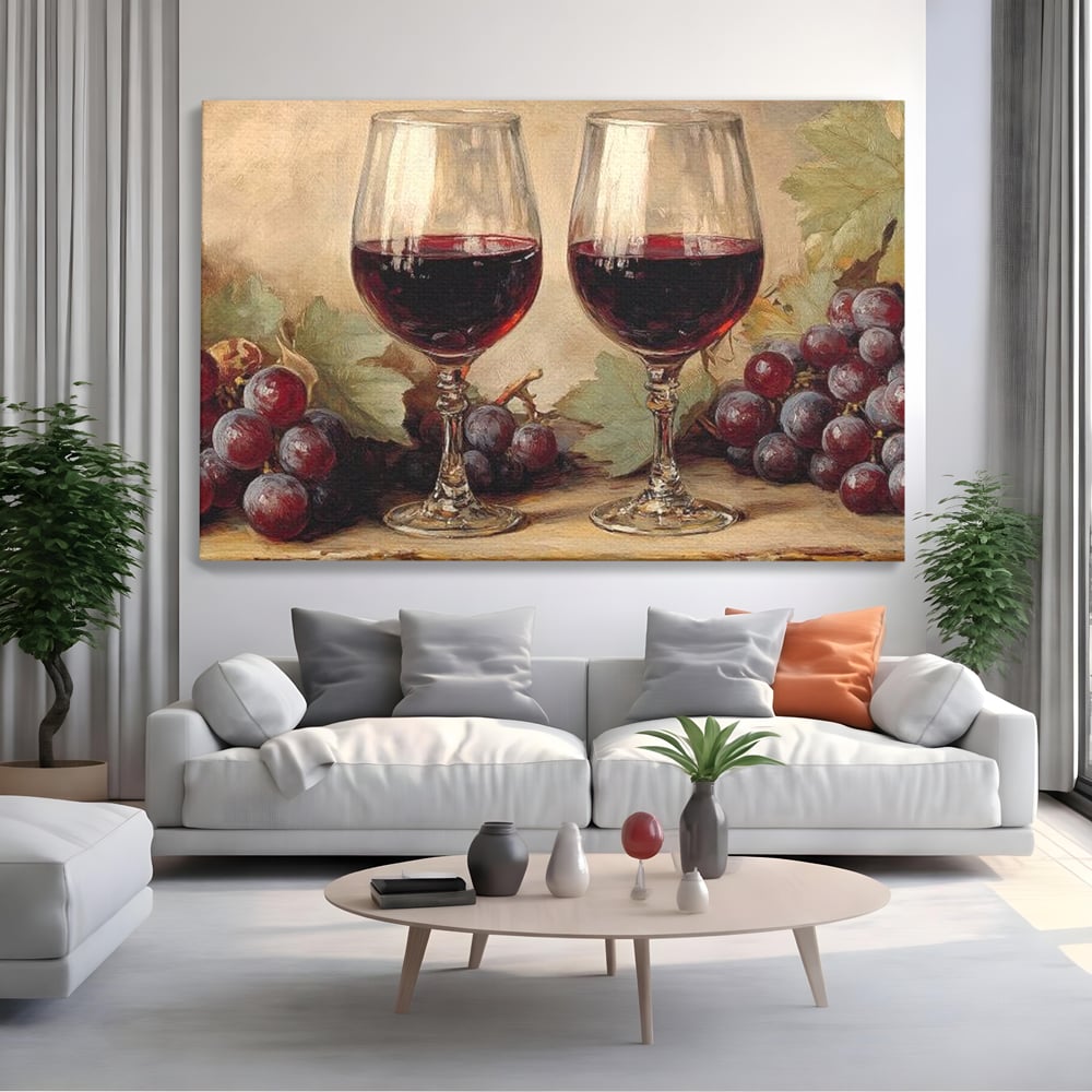 Tablou Canvas Premium, LuxCanva® N1031, Ecouri din Vie, Vin Rosu, Struguri, Bautura, Fructe, Pahare, Frunze, Vie, Savoare, Degustare, Rustic, Pub, Bar, Restaurant, Bucatarie