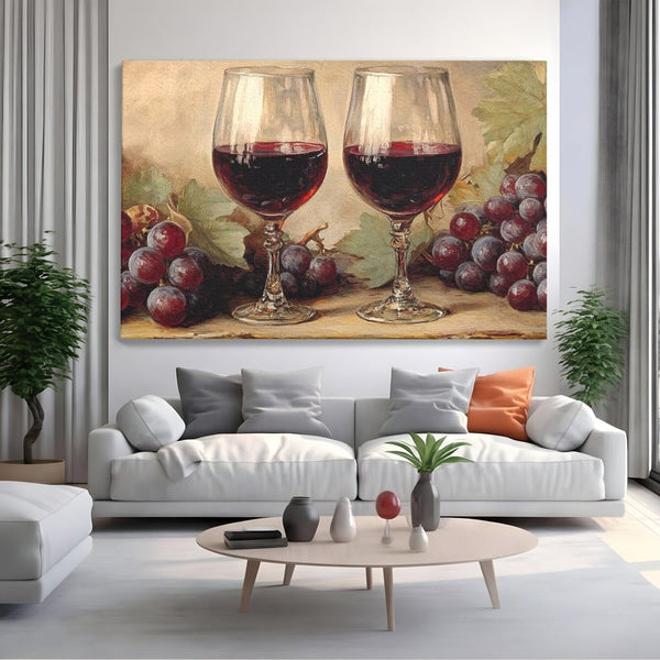 Tablou Canvas Premium, LuxCanva® N1031, Ecouri din Vie, Vin Rosu, Struguri, Bautura, Fructe, Pahare, Frunze, Vie, Savoare, Degustare, Rustic, Pub, Bar, Restaurant, Bucatarie