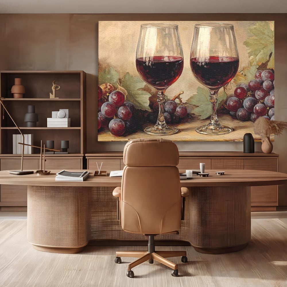 Tablou Canvas Premium, LuxCanva® N1031, Ecouri din Vie, Vin Rosu, Struguri, Bautura, Fructe, Pahare, Frunze, Vie, Savoare, Degustare, Rustic, Pub, Bar, Restaurant, Bucatarie