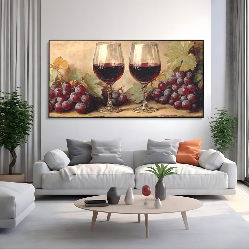 Tablou Canvas Premium, LuxCanva® N1031, Ecouri din Vie, Vin Rosu, Struguri, Bautura, Fructe, Pahare, Frunze, Vie, Savoare, Degustare, Rustic, Pub, Bar, Restaurant, Bucatarie