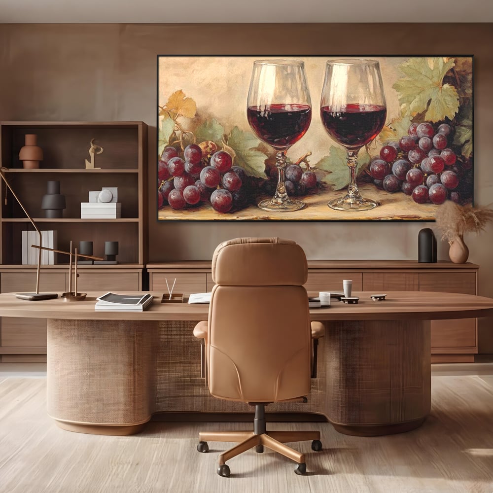 Tablou Canvas Premium, LuxCanva® N1031, Ecouri din Vie, Vin Rosu, Struguri, Bautura, Fructe, Pahare, Frunze, Vie, Savoare, Degustare, Rustic, Pub, Bar, Restaurant, Bucatarie