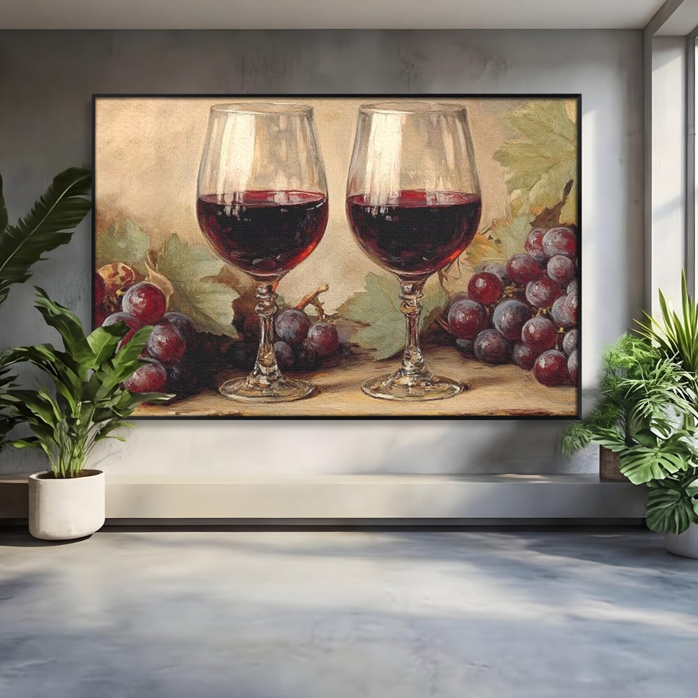 Tablou Canvas Premium, LuxCanva® N1031, Ecouri din Vie, Vin Rosu, Struguri, Bautura, Fructe, Pahare, Frunze, Vie, Savoare, Degustare, Rustic, Pub, Bar, Restaurant, Bucatarie