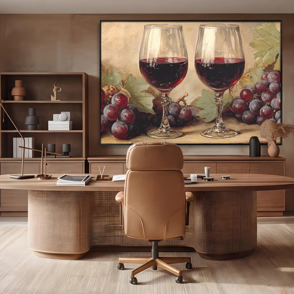 Tablou Canvas Premium, LuxCanva® N1031, Ecouri din Vie, Vin Rosu, Struguri, Bautura, Fructe, Pahare, Frunze, Vie, Savoare, Degustare, Rustic, Pub, Bar, Restaurant, Bucatarie
