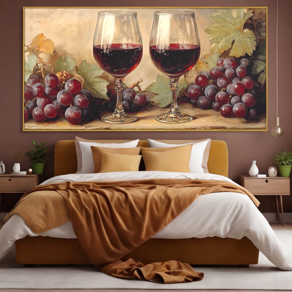 Tablou Canvas Premium, LuxCanva® N1031, Ecouri din Vie, Vin Rosu, Struguri, Bautura, Fructe, Pahare, Frunze, Vie, Savoare, Degustare, Rustic, Pub, Bar, Restaurant, Bucatarie