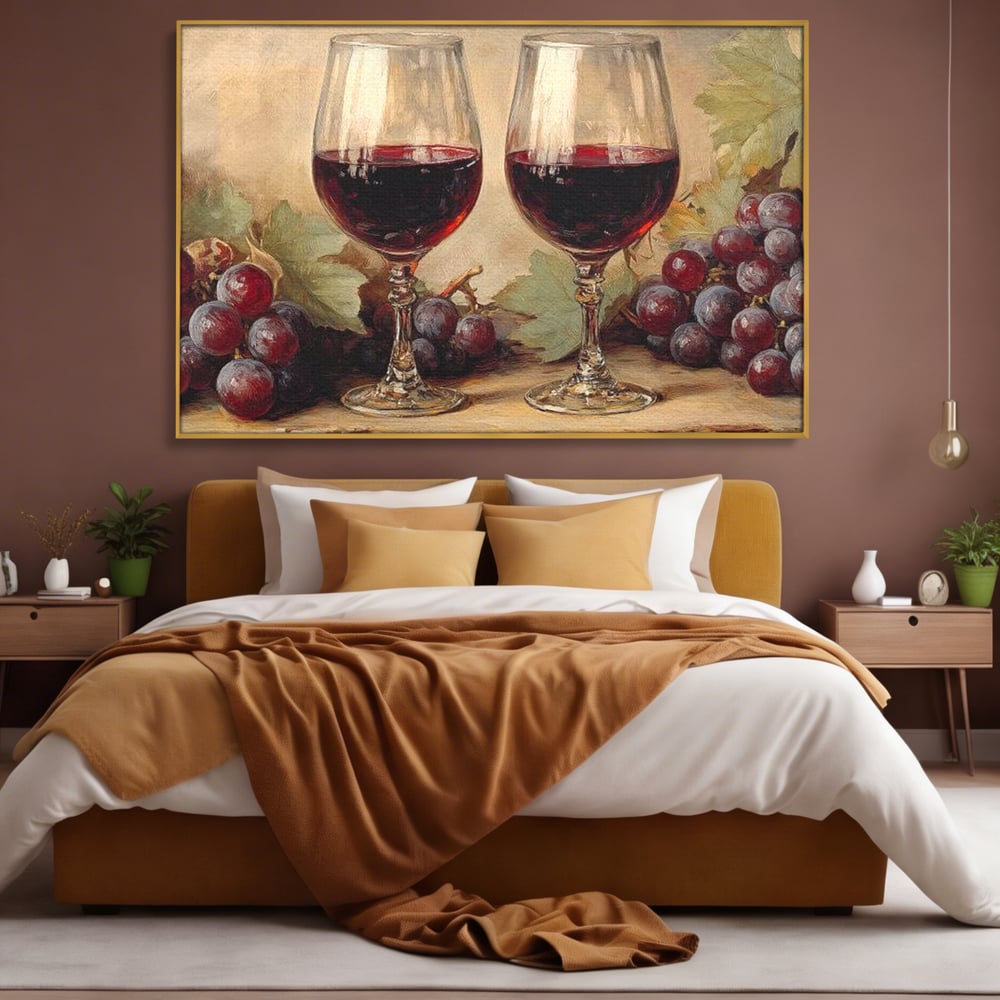 Tablou Canvas Premium, LuxCanva® N1031, Ecouri din Vie, Vin Rosu, Struguri, Bautura, Fructe, Pahare, Frunze, Vie, Savoare, Degustare, Rustic, Pub, Bar, Restaurant, Bucatarie