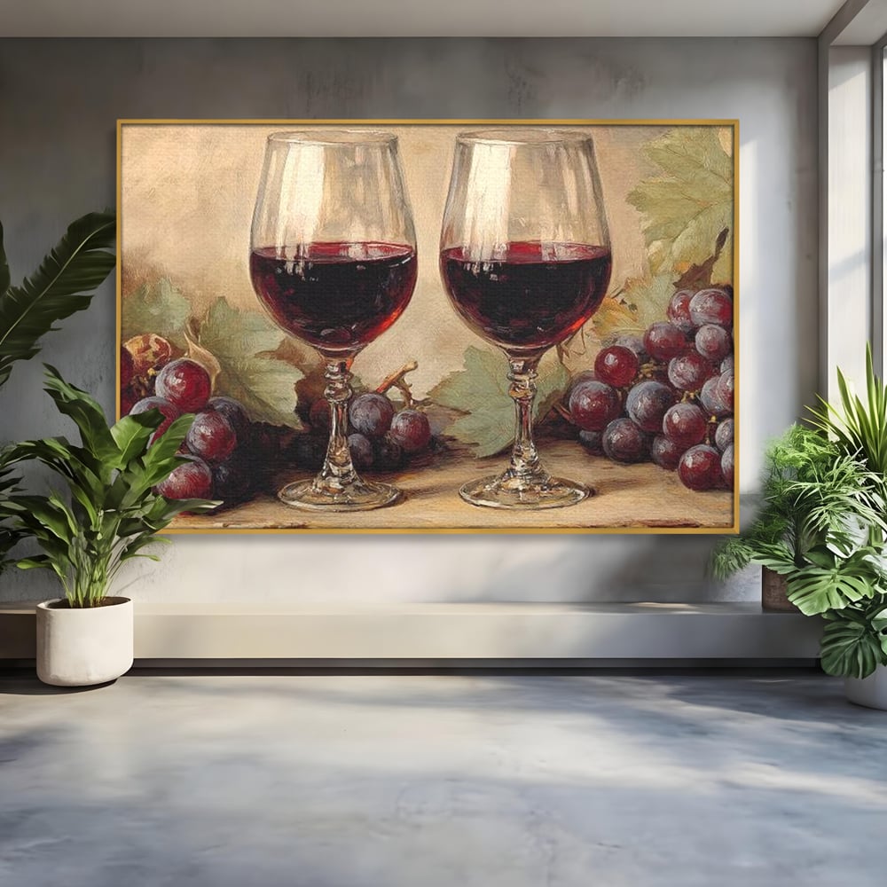 Tablou Canvas Premium, LuxCanva® N1031, Ecouri din Vie, Vin Rosu, Struguri, Bautura, Fructe, Pahare, Frunze, Vie, Savoare, Degustare, Rustic, Pub, Bar, Restaurant, Bucatarie