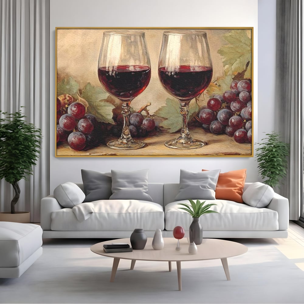 Tablou Canvas Premium, LuxCanva® N1031, Ecouri din Vie, Vin Rosu, Struguri, Bautura, Fructe, Pahare, Frunze, Vie, Savoare, Degustare, Rustic, Pub, Bar, Restaurant, Bucatarie