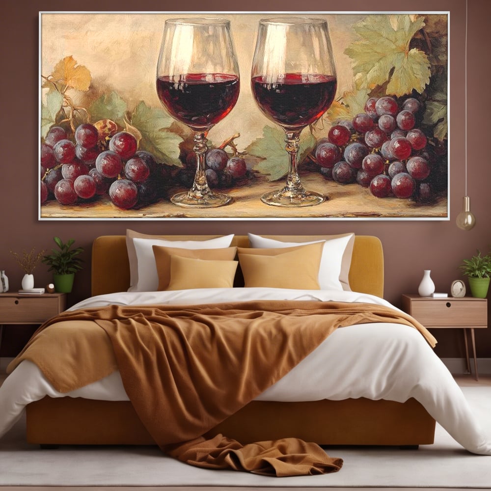 Tablou Canvas Premium, LuxCanva® N1031, Ecouri din Vie, Vin Rosu, Struguri, Bautura, Fructe, Pahare, Frunze, Vie, Savoare, Degustare, Rustic, Pub, Bar, Restaurant, Bucatarie
