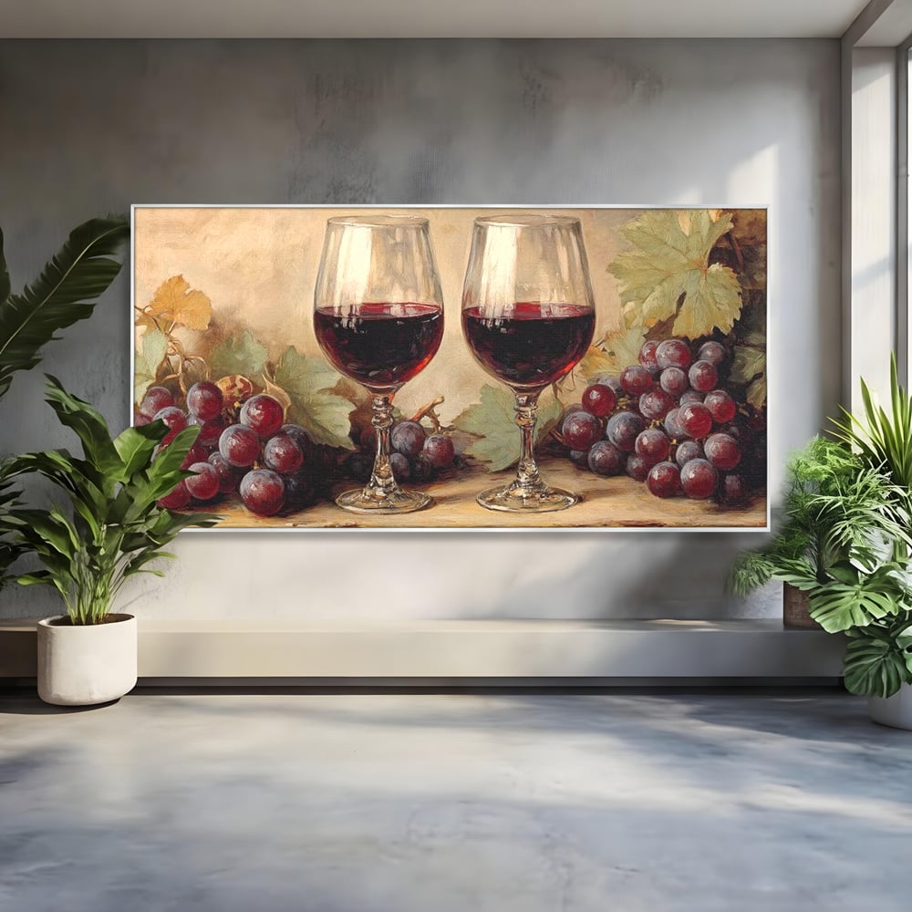 Tablou Canvas Premium, LuxCanva® N1031, Ecouri din Vie, Vin Rosu, Struguri, Bautura, Fructe, Pahare, Frunze, Vie, Savoare, Degustare, Rustic, Pub, Bar, Restaurant, Bucatarie