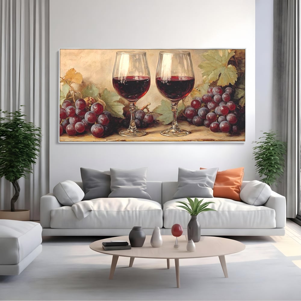Tablou Canvas Premium, LuxCanva® N1031, Ecouri din Vie, Vin Rosu, Struguri, Bautura, Fructe, Pahare, Frunze, Vie, Savoare, Degustare, Rustic, Pub, Bar, Restaurant, Bucatarie