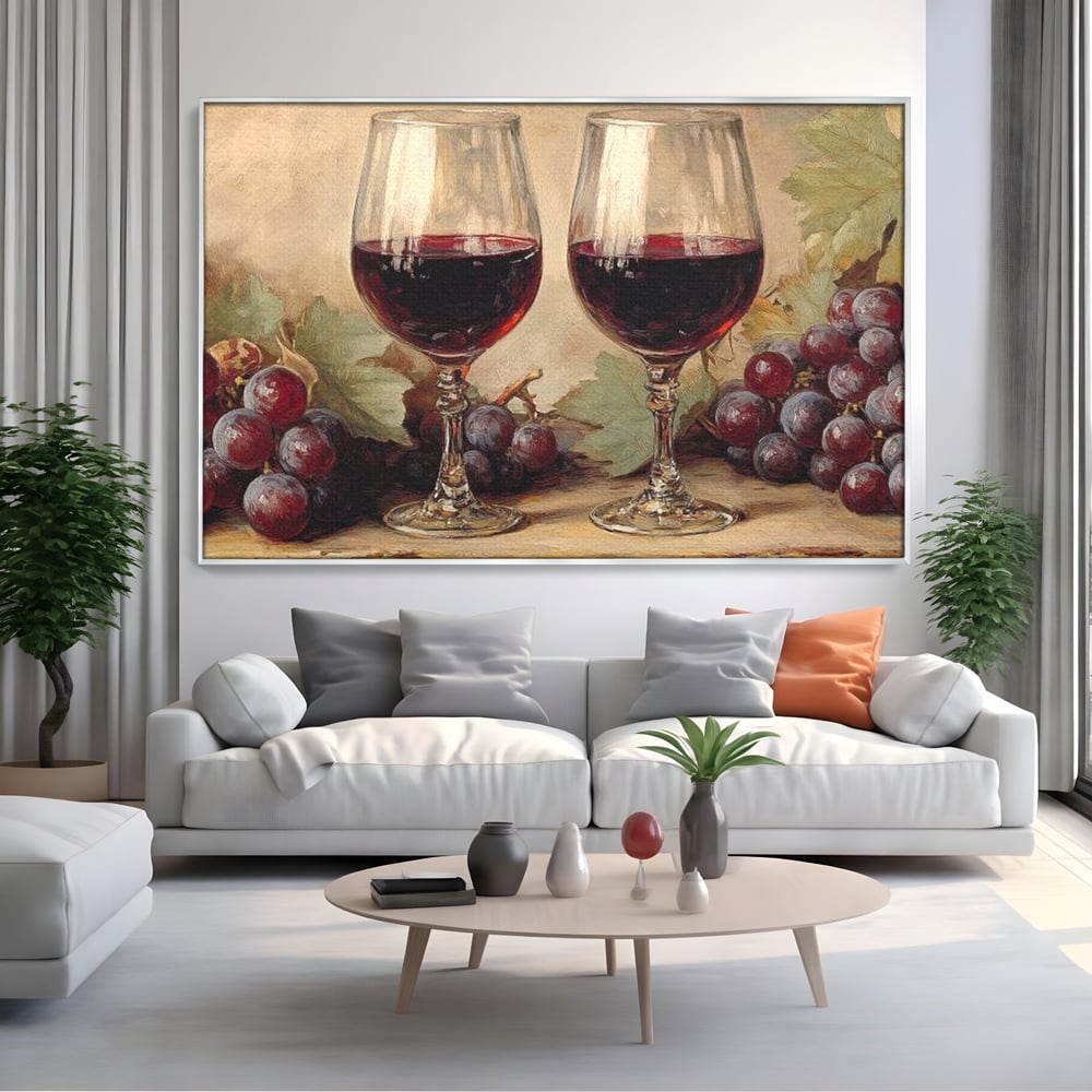 Tablou Canvas Premium, LuxCanva® N1031, Ecouri din Vie, Vin Rosu, Struguri, Bautura, Fructe, Pahare, Frunze, Vie, Savoare, Degustare, Rustic, Pub, Bar, Restaurant, Bucatarie