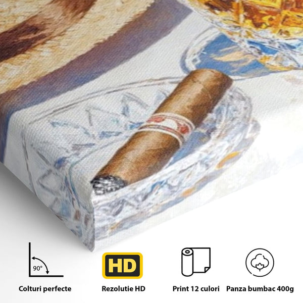 Tablou Canvas Premium, LuxCanva® N1032, Whisky si Fum, Trabuc, Pahar, Bautura, Palarie, Whisky, Lux, Elegant, Masculin, Cubanez, Pub, Bar, Restaurant, Bucatarie