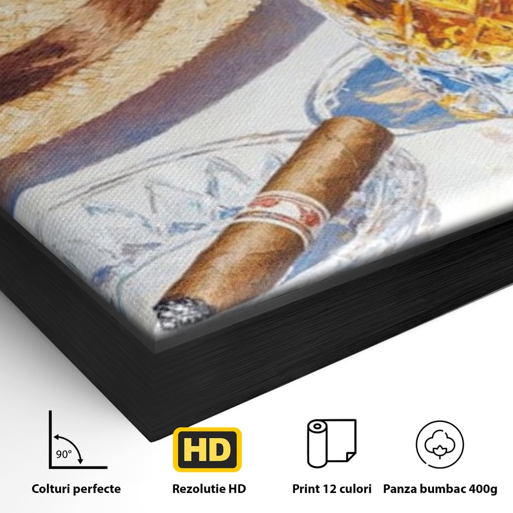 Tablou Canvas Premium, LuxCanva® N1032, Whisky si Fum, Trabuc, Pahar, Bautura, Palarie, Whisky, Lux, Elegant, Masculin, Cubanez, Pub, Bar, Restaurant, Bucatarie