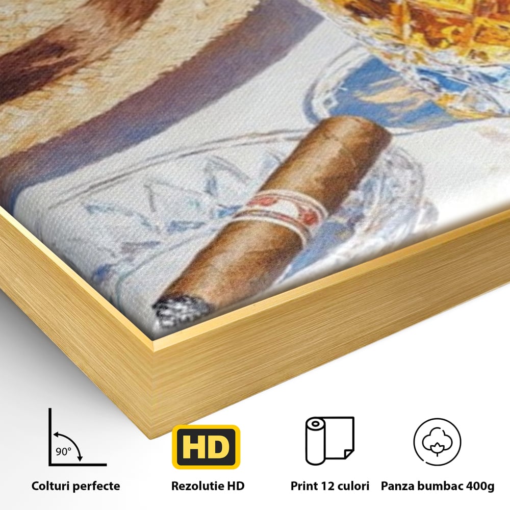 Tablou Canvas Premium, LuxCanva® N1032, Whisky si Fum, Trabuc, Pahar, Bautura, Palarie, Whisky, Lux, Elegant, Masculin, Cubanez, Pub, Bar, Restaurant, Bucatarie