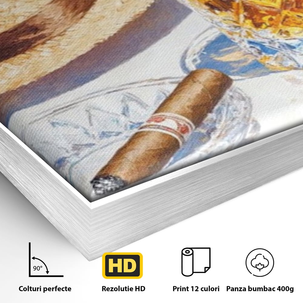 Tablou Canvas Premium, LuxCanva® N1032, Whisky si Fum, Trabuc, Pahar, Bautura, Palarie, Whisky, Lux, Elegant, Masculin, Cubanez, Pub, Bar, Restaurant, Bucatarie