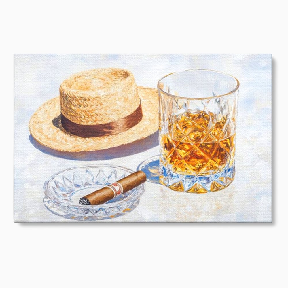 Tablou Canvas Premium, LuxCanva® N1032, Whisky si Fum, Trabuc, Pahar, Bautura, Palarie, Whisky, Lux, Elegant, Masculin, Cubanez, Pub, Bar, Restaurant, Bucatarie