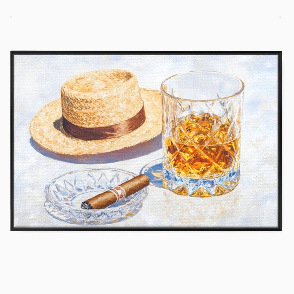 Tablou Canvas Premium, LuxCanva® N1032, Whisky si Fum, Trabuc, Pahar, Bautura, Palarie, Whisky, Lux, Elegant, Masculin, Cubanez, Pub, Bar, Restaurant, Bucatarie