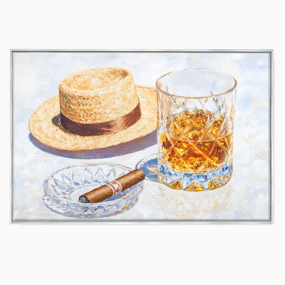 Tablou Canvas Premium, LuxCanva® N1032, Whisky si Fum, Trabuc, Pahar, Bautura, Palarie, Whisky, Lux, Elegant, Masculin, Cubanez, Pub, Bar, Restaurant, Bucatarie