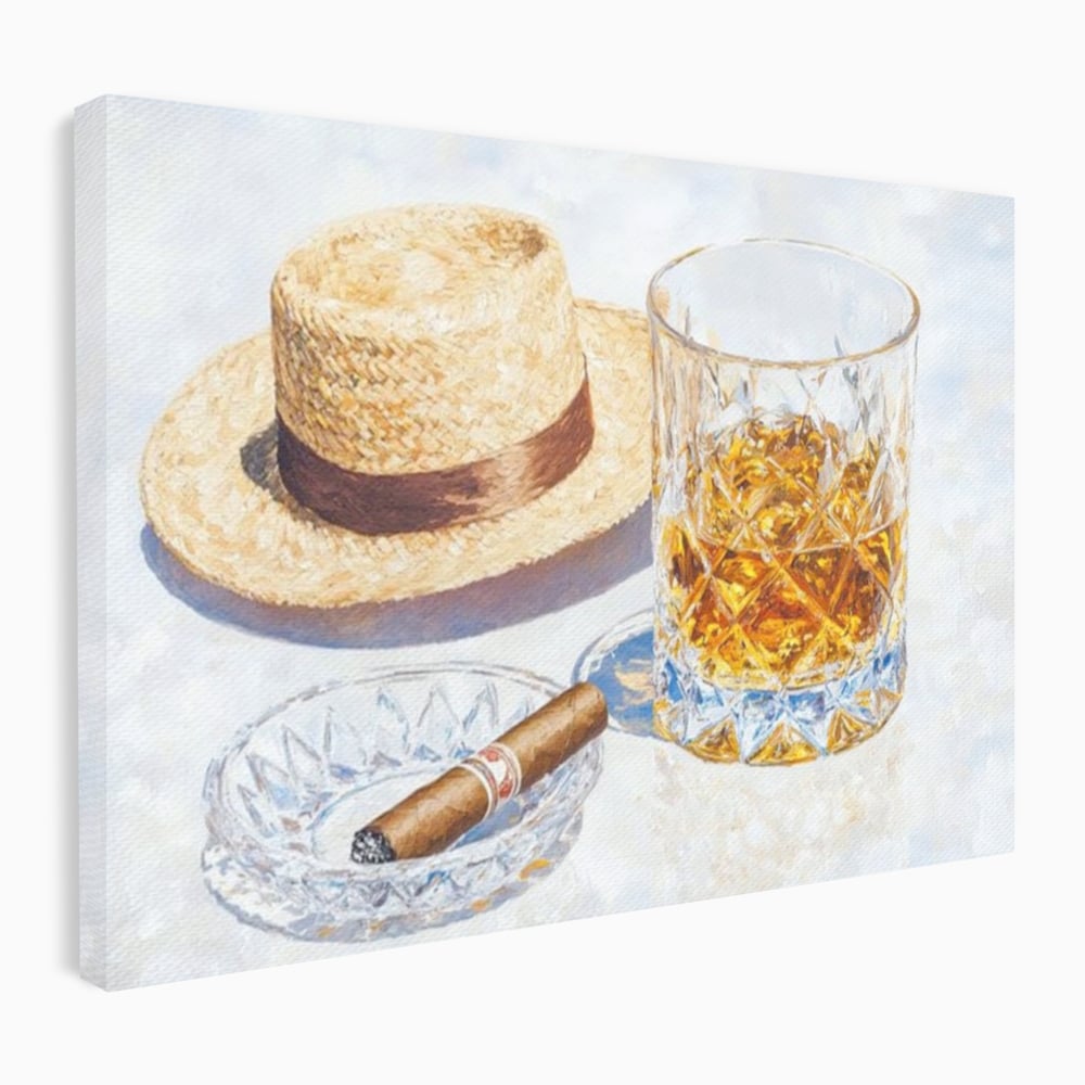 Tablou Canvas Premium, LuxCanva® N1032, Whisky si Fum, Trabuc, Pahar, Bautura, Palarie, Whisky, Lux, Elegant, Masculin, Cubanez, Pub, Bar, Restaurant, Bucatarie