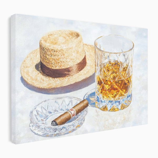Tablou Canvas Premium, LuxCanva® N1032, Whisky si Fum, Trabuc, Pahar, Bautura, Palarie, Whisky, Lux, Elegant, Masculin, Cubanez, Pub, Bar, Restaurant, Bucatarie
