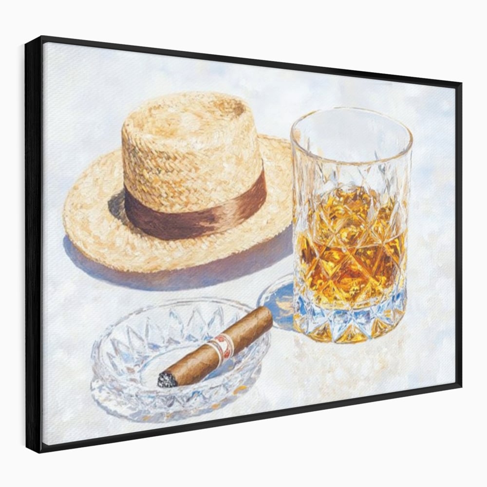 Tablou Canvas Premium, LuxCanva® N1032, Whisky si Fum, Trabuc, Pahar, Bautura, Palarie, Whisky, Lux, Elegant, Masculin, Cubanez, Pub, Bar, Restaurant, Bucatarie