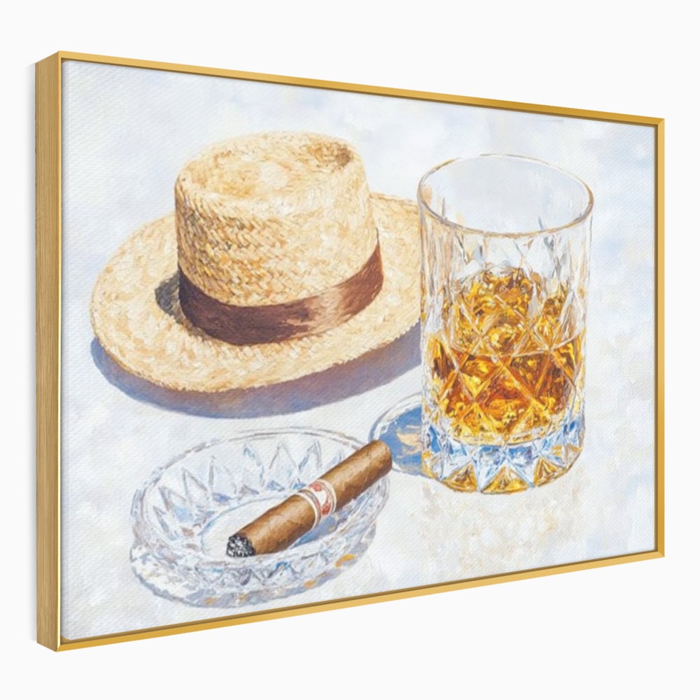 Tablou Canvas Premium, LuxCanva® N1032, Whisky si Fum, Trabuc, Pahar, Bautura, Palarie, Whisky, Lux, Elegant, Masculin, Cubanez, Pub, Bar, Restaurant, Bucatarie