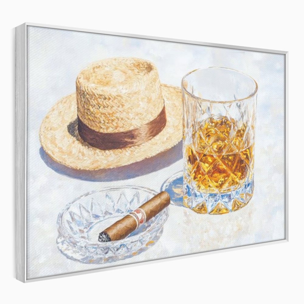 Tablou Canvas Premium, LuxCanva® N1032, Whisky si Fum, Trabuc, Pahar, Bautura, Palarie, Whisky, Lux, Elegant, Masculin, Cubanez, Pub, Bar, Restaurant, Bucatarie