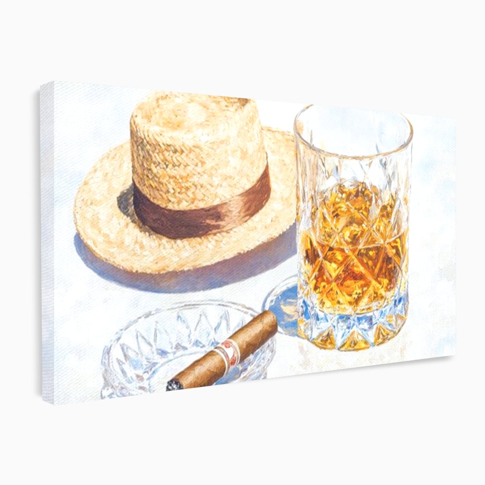 Tablou Canvas Premium, LuxCanva® N1032, Whisky si Fum, Trabuc, Pahar, Bautura, Palarie, Whisky, Lux, Elegant, Masculin, Cubanez, Pub, Bar, Restaurant, Bucatarie