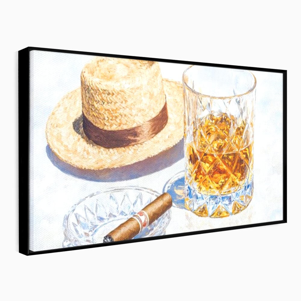 Tablou Canvas Premium, LuxCanva® N1032, Whisky si Fum, Trabuc, Pahar, Bautura, Palarie, Whisky, Lux, Elegant, Masculin, Cubanez, Pub, Bar, Restaurant, Bucatarie