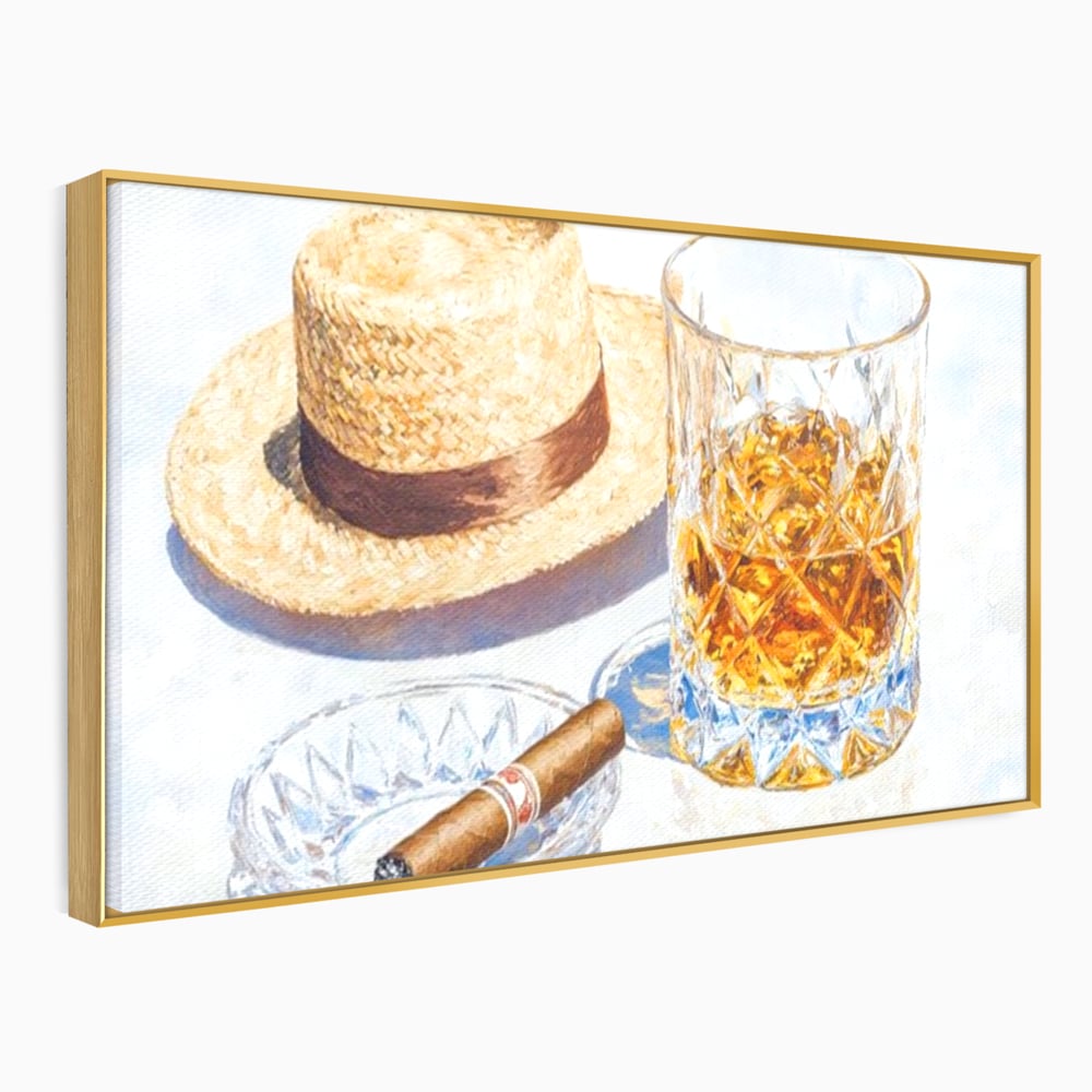 Tablou Canvas Premium, LuxCanva® N1032, Whisky si Fum, Trabuc, Pahar, Bautura, Palarie, Whisky, Lux, Elegant, Masculin, Cubanez, Pub, Bar, Restaurant, Bucatarie