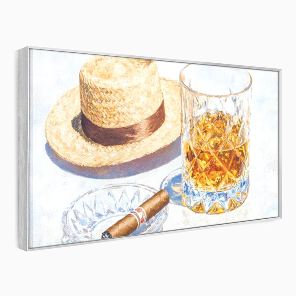 Tablou Canvas Premium, LuxCanva® N1032, Whisky si Fum, Trabuc, Pahar, Bautura, Palarie, Whisky, Lux, Elegant, Masculin, Cubanez, Pub, Bar, Restaurant, Bucatarie