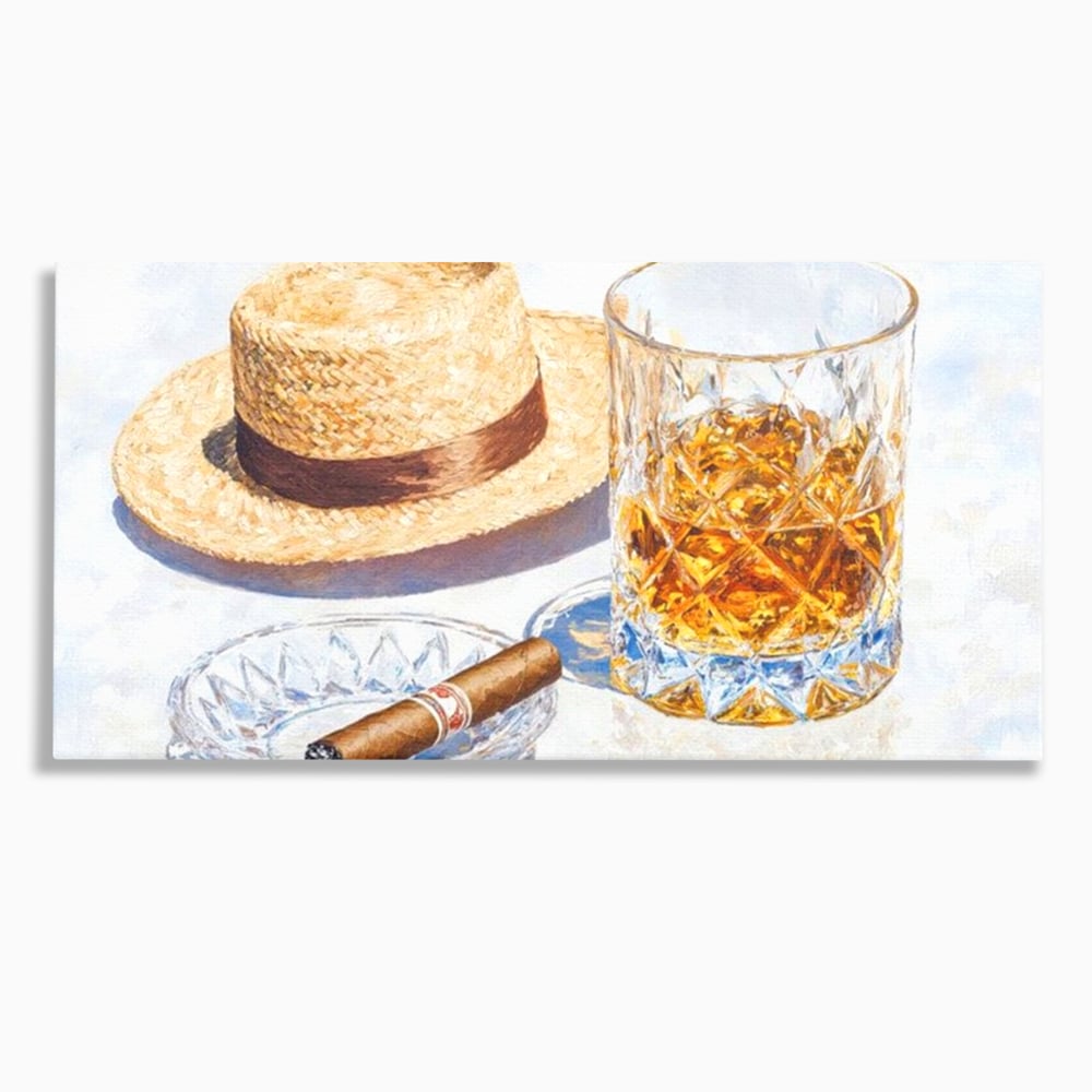 Tablou Canvas Premium, LuxCanva® N1032, Whisky si Fum, Trabuc, Pahar, Bautura, Palarie, Whisky, Lux, Elegant, Masculin, Cubanez, Pub, Bar, Restaurant, Bucatarie