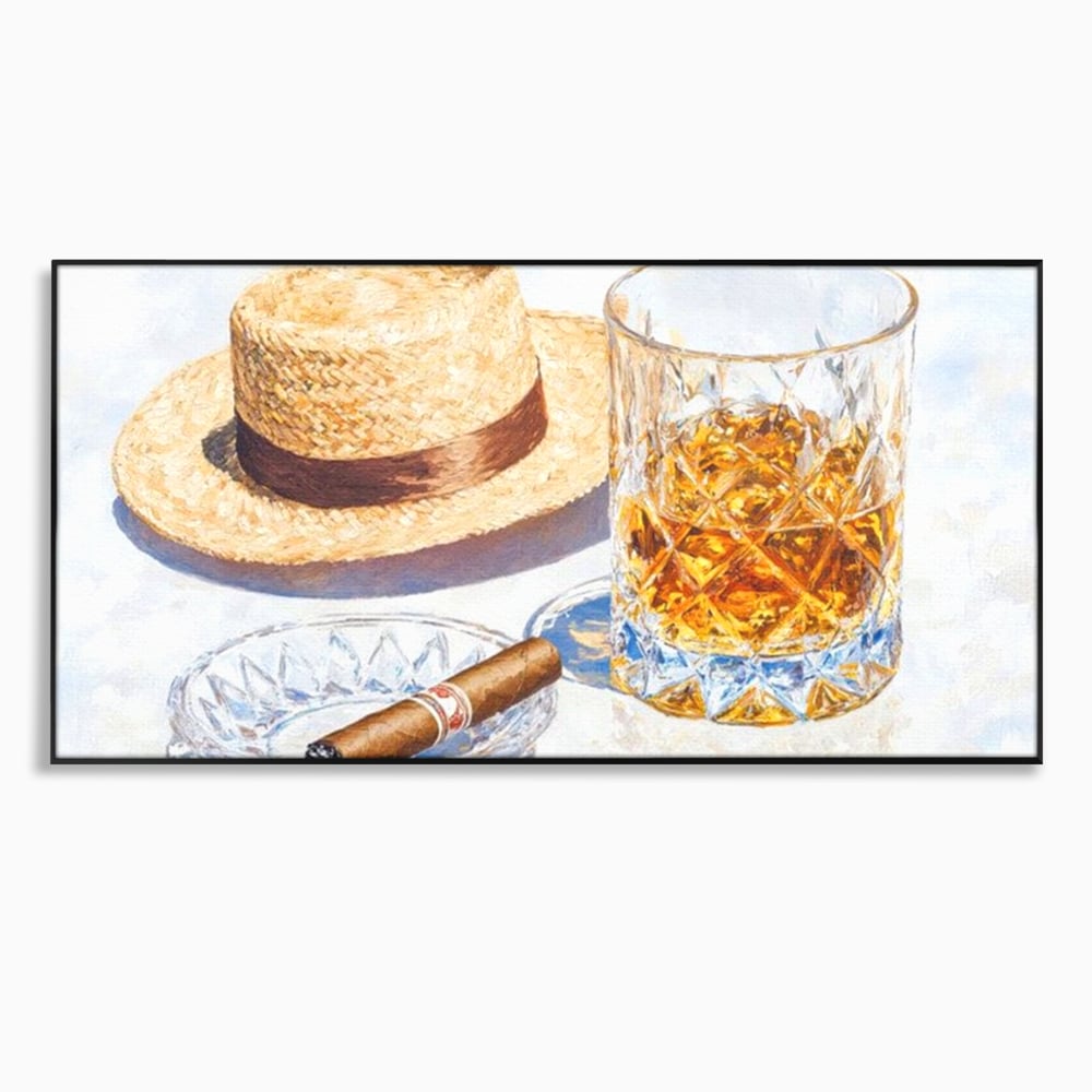 Tablou Canvas Premium, LuxCanva® N1032, Whisky si Fum, Trabuc, Pahar, Bautura, Palarie, Whisky, Lux, Elegant, Masculin, Cubanez, Pub, Bar, Restaurant, Bucatarie