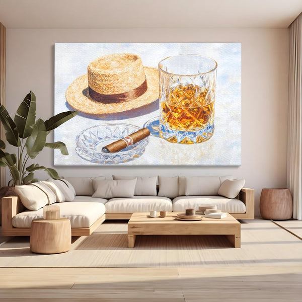 Tablou Canvas Premium, LuxCanva® N1032, Whisky si Fum, Trabuc, Pahar, Bautura, Palarie, Whisky, Lux, Elegant, Masculin, Cubanez, Pub, Bar, Restaurant, Bucatarie