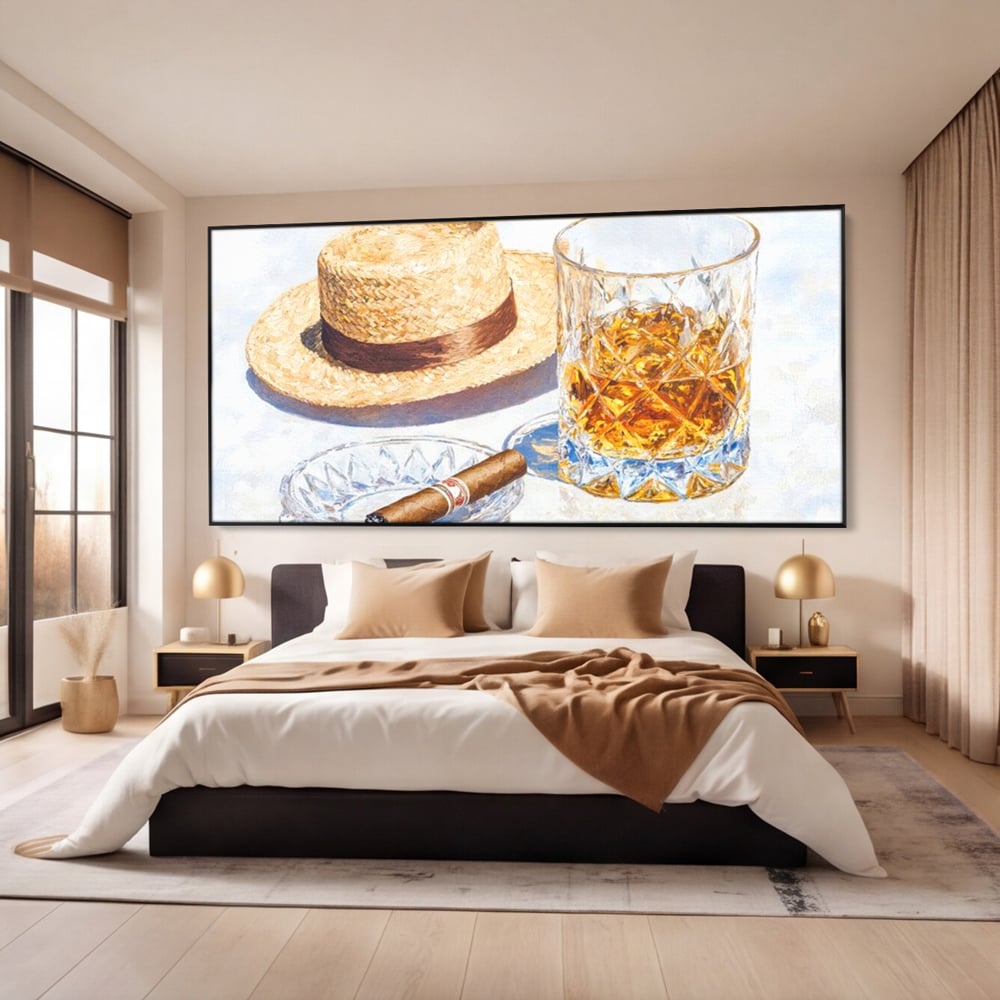 Tablou Canvas Premium, LuxCanva® N1032, Whisky si Fum, Trabuc, Pahar, Bautura, Palarie, Whisky, Lux, Elegant, Masculin, Cubanez, Pub, Bar, Restaurant, Bucatarie