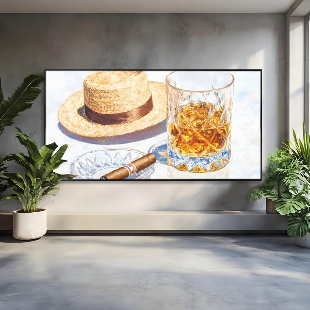 Tablou Canvas Premium, LuxCanva® N1032, Whisky si Fum, Trabuc, Pahar, Bautura, Palarie, Whisky, Lux, Elegant, Masculin, Cubanez, Pub, Bar, Restaurant, Bucatarie