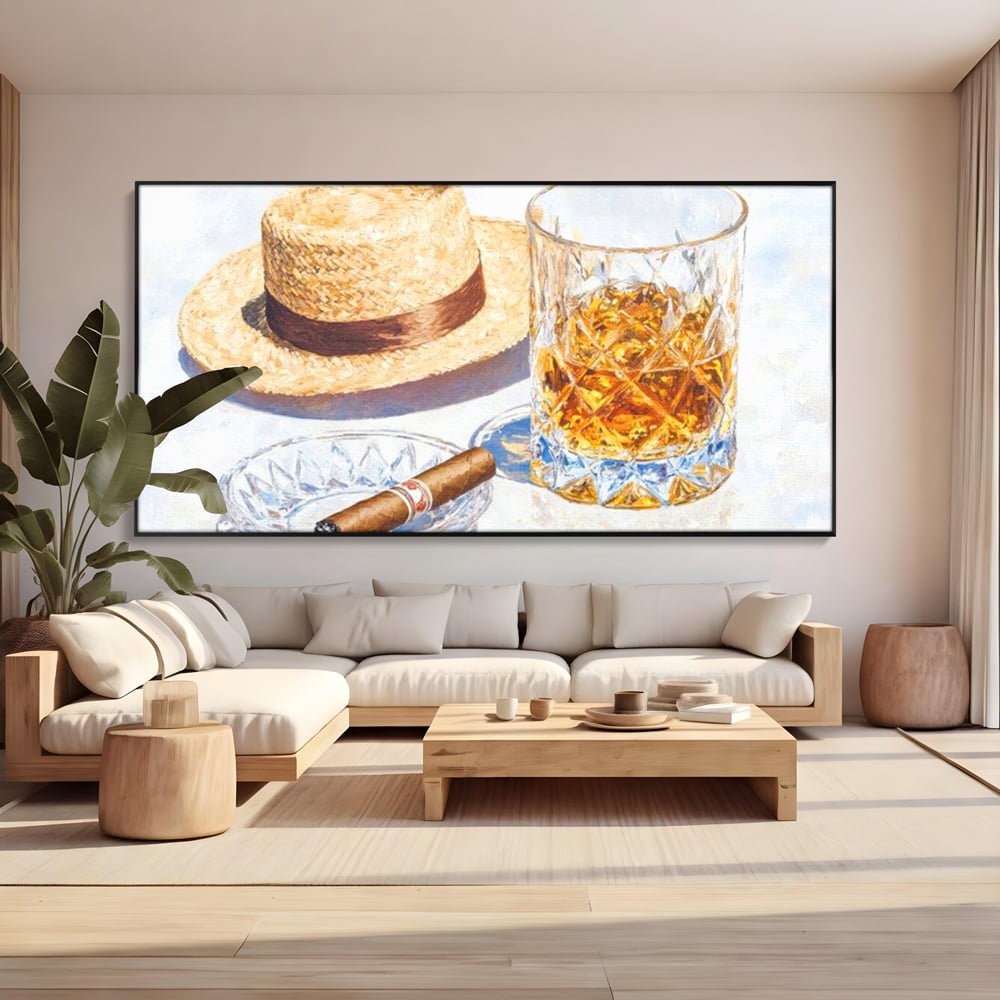 Tablou Canvas Premium, LuxCanva® N1032, Whisky si Fum, Trabuc, Pahar, Bautura, Palarie, Whisky, Lux, Elegant, Masculin, Cubanez, Pub, Bar, Restaurant, Bucatarie