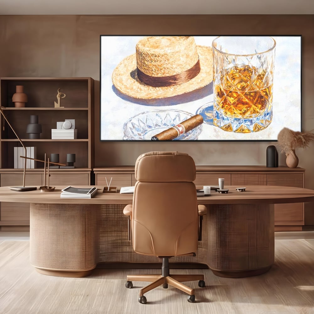 Tablou Canvas Premium, LuxCanva® N1032, Whisky si Fum, Trabuc, Pahar, Bautura, Palarie, Whisky, Lux, Elegant, Masculin, Cubanez, Pub, Bar, Restaurant, Bucatarie