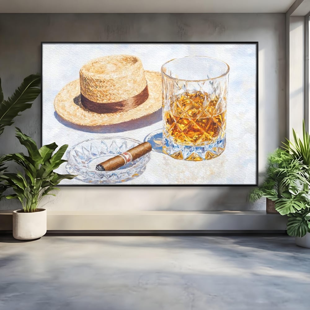Tablou Canvas Premium, LuxCanva® N1032, Whisky si Fum, Trabuc, Pahar, Bautura, Palarie, Whisky, Lux, Elegant, Masculin, Cubanez, Pub, Bar, Restaurant, Bucatarie