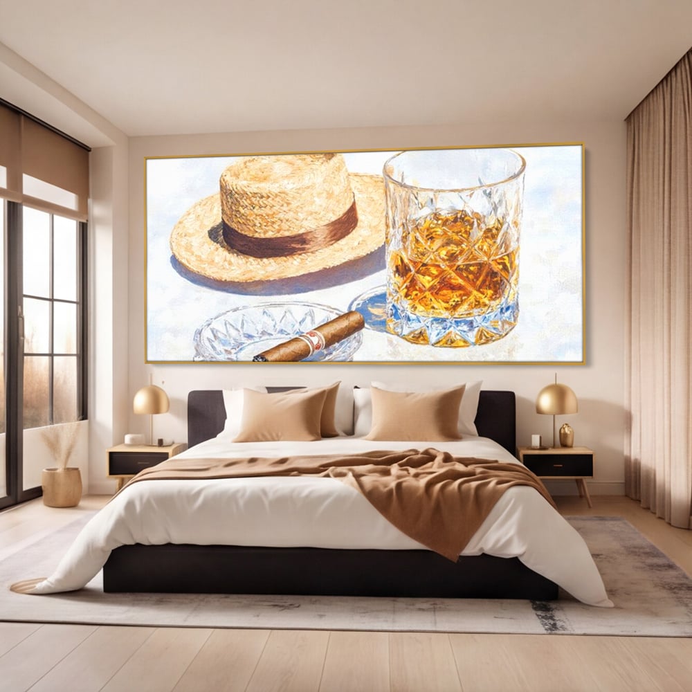 Tablou Canvas Premium, LuxCanva® N1032, Whisky si Fum, Trabuc, Pahar, Bautura, Palarie, Whisky, Lux, Elegant, Masculin, Cubanez, Pub, Bar, Restaurant, Bucatarie