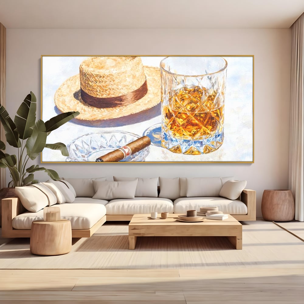 Tablou Canvas Premium, LuxCanva® N1032, Whisky si Fum, Trabuc, Pahar, Bautura, Palarie, Whisky, Lux, Elegant, Masculin, Cubanez, Pub, Bar, Restaurant, Bucatarie