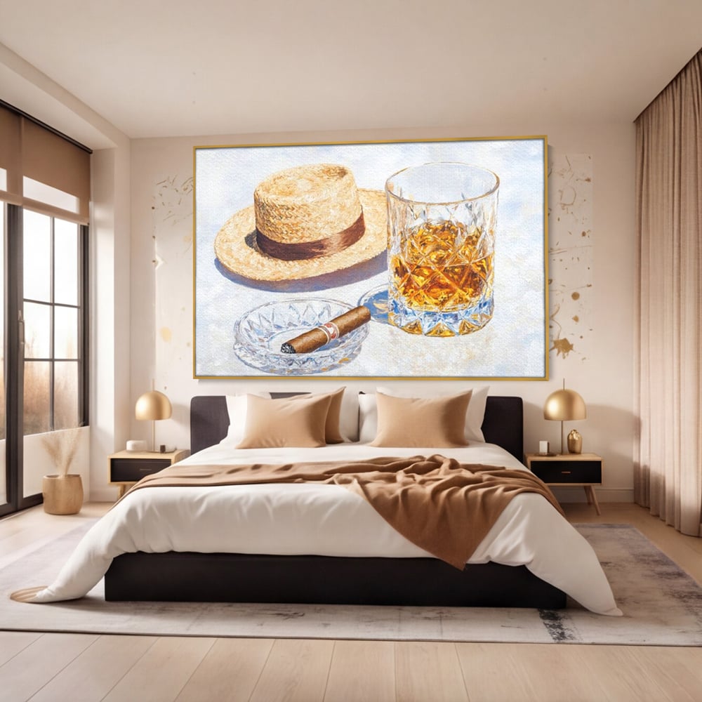 Tablou Canvas Premium, LuxCanva® N1032, Whisky si Fum, Trabuc, Pahar, Bautura, Palarie, Whisky, Lux, Elegant, Masculin, Cubanez, Pub, Bar, Restaurant, Bucatarie