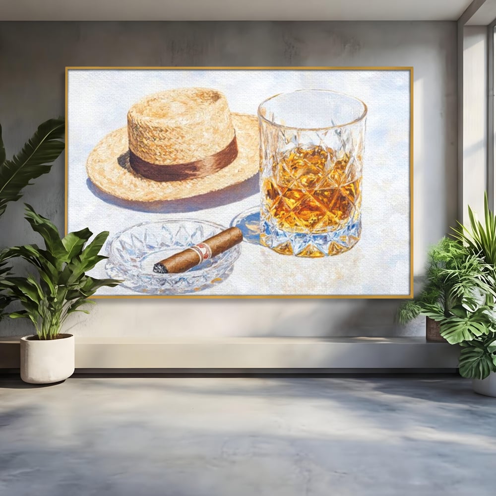 Tablou Canvas Premium, LuxCanva® N1032, Whisky si Fum, Trabuc, Pahar, Bautura, Palarie, Whisky, Lux, Elegant, Masculin, Cubanez, Pub, Bar, Restaurant, Bucatarie