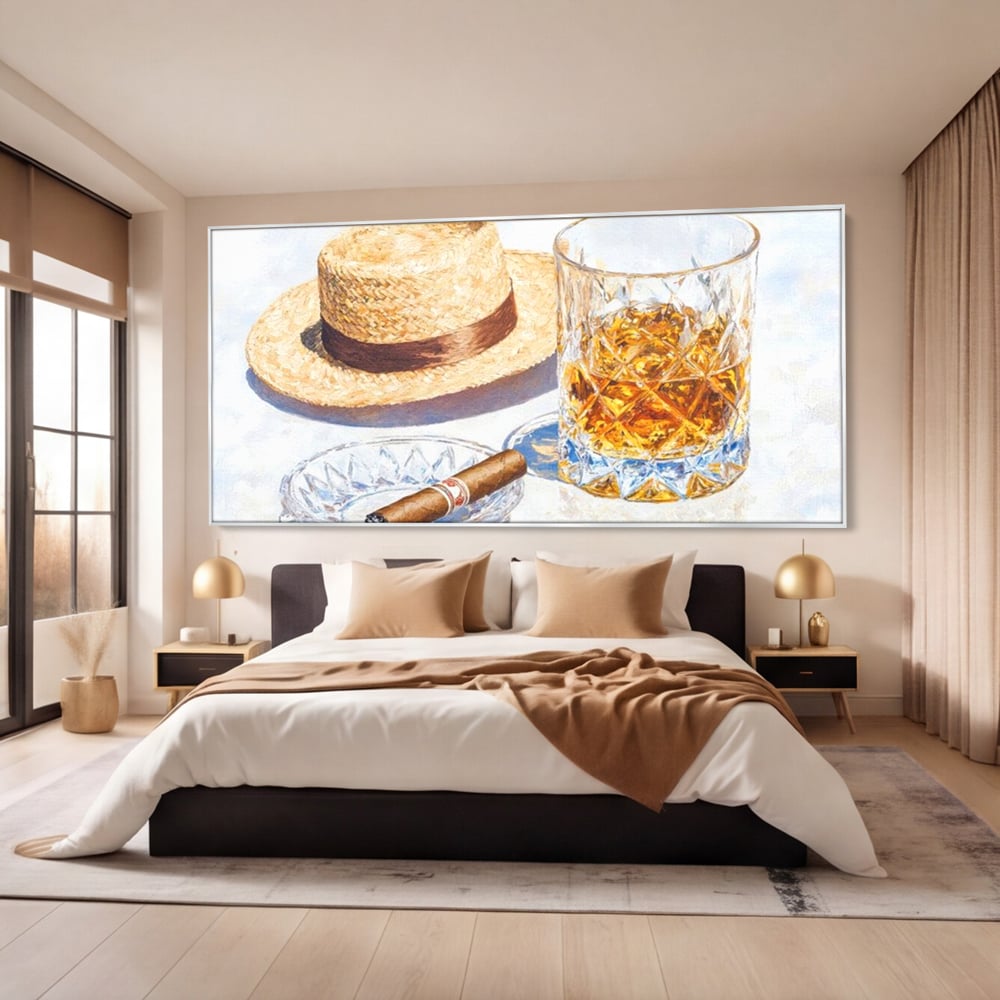 Tablou Canvas Premium, LuxCanva® N1032, Whisky si Fum, Trabuc, Pahar, Bautura, Palarie, Whisky, Lux, Elegant, Masculin, Cubanez, Pub, Bar, Restaurant, Bucatarie